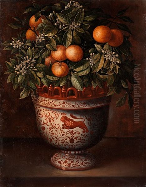 Stilleben Mit Orangenbaumchen In Einer Bemalten, Spanischen Keramikvase Oil Painting by Tomas Yepes