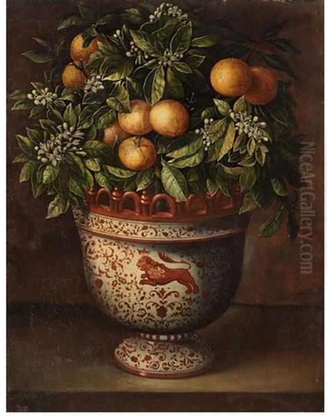 A Painted Ceramic Vase With An Orange Tree Oil Painting by Tomas Yepes