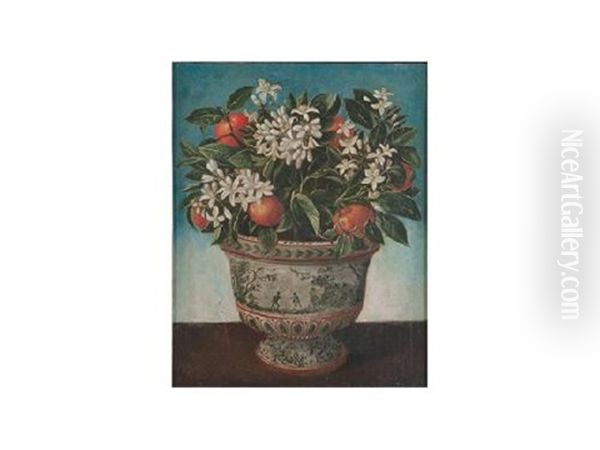 Flores Y Frutas En Recipientes De Loza (pair) Oil Painting by Tomas Yepes