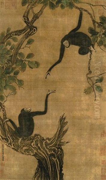 Two Apes In An Oak Tree by  Yi Yuanji