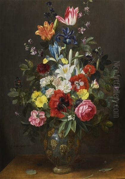 A Still Life Of Roses, Lilies, Tulips And Other Flowers In A Vase With A Butterfly Oil Painting by Frans Ykens