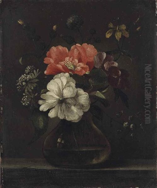 Flowers In A Glass Vase On A Stone Ledge Oil Painting by Frans Ykens