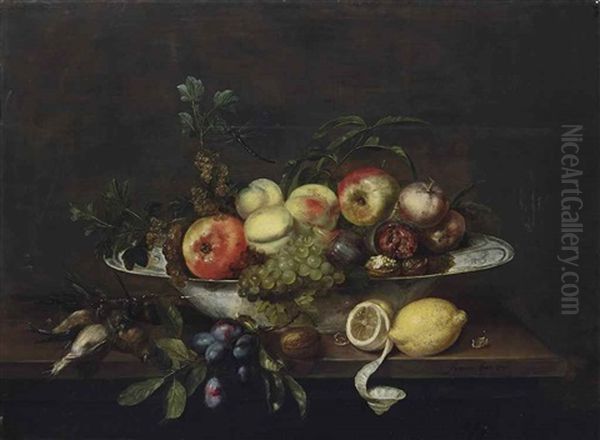 Pomegranates, Grapes On The Vine, Peaches, Figs, An Apple And Walnuts In A Porcelain Bowl, With Lemons, A Walnut, Plums And Dead Finches, On A Wooden Table Oil Painting by Frans Ykens