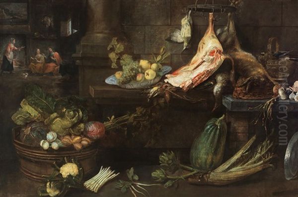 A Kitchen Still Life Featuring The Scene Of Christ In The House Of Martha And Mary by Frans Ykens