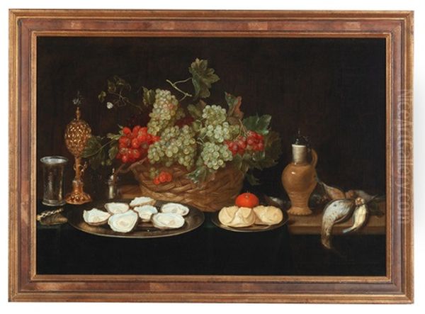 Still Life Of A Banquet With Oysters, Grapes, Dead Birds, A Stoneware Jug And Goblets Oil Painting by Frans Ykens