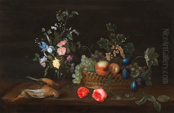 A Still Life Of Flowers And Fruit With Wildfowl by Frans Ykens