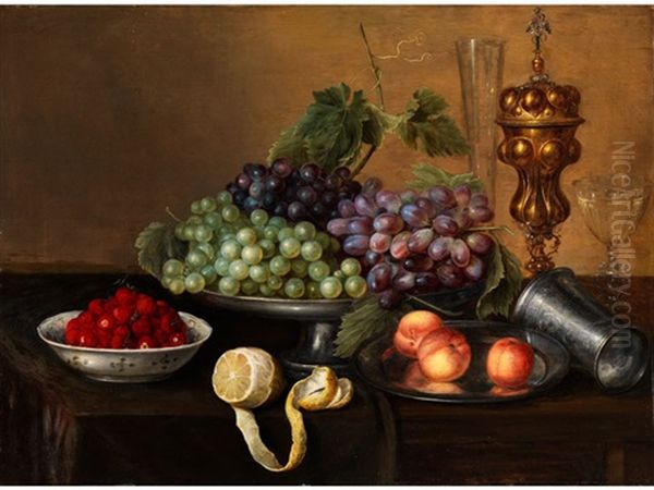 Fruchtestillleben Mit Weintrauben, Erdbeeren, Pfirsichen Und Einer Zitrone Auf Einem Tisch by Frans Ykens