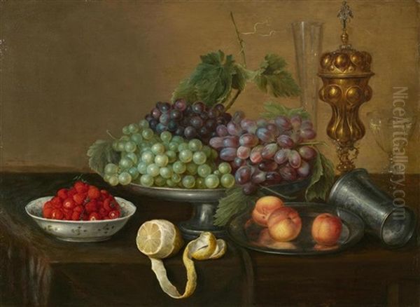 Fruchtestillleben Mit Trauben, Erdbeeren, Pfirsichen Und Zitrone Auf Einem Tisch Oil Painting by Frans Ykens