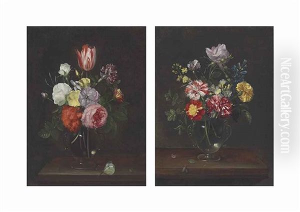 Roses, Carnations, A Tulip, And Other Flowers In A Glass Vase; Roses, Carnations, And Other Flowers In A Glass Vase (pair) Oil Painting by Frans Ykens