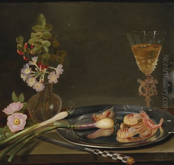 Still Life With Shrimp, Ramps, Flowers And A Glass Vase Oil Painting by Frans Ykens