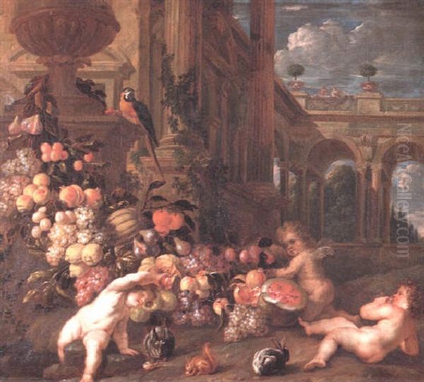 Putti Playing With A Swag Of Fruit In A Garden Oil Painting by Jan Pieter Ykens