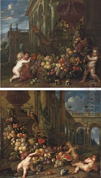 An Architectural Capriccio With Putti Around A Swag Of Fruit (+ Another; 2 Works) Oil Painting by Pieter Abrahamsz Ykens