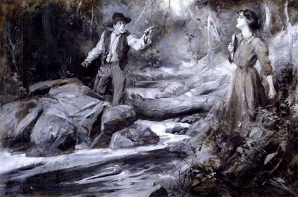 Man Scolding Woman Across Stream Oil Painting by Frederick Coffay Yohn