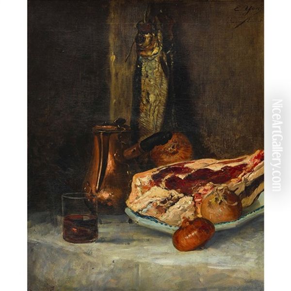 Stillleben Mit Fisch Und Fleisch Oil Painting by Edmond Charles Joseph Yon