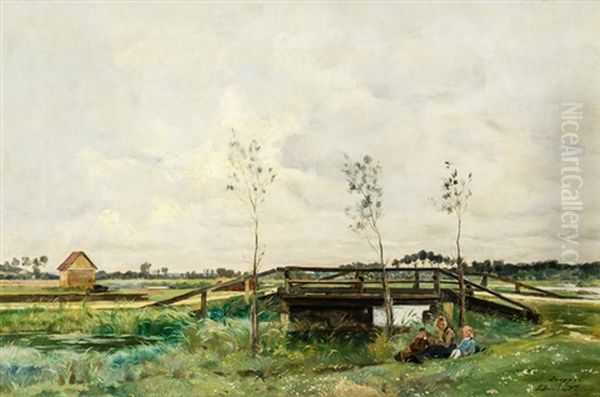 Weite Fluslandschaft Mit Holzbrucke Oil Painting by Edmond Charles Joseph Yon