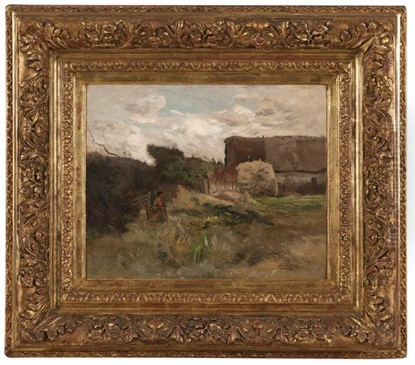 Lady With Basket In A Farmyard Oil Painting by Edmond Charles Joseph Yon