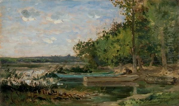 Bewaldete Teichlandschaft Mit Zwei Ruderbooten Oil Painting by Edmond Charles Joseph Yon