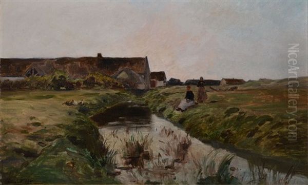 Deux Paysannes Au Bord Du Ruisseau Oil Painting by Edmond Charles Joseph Yon