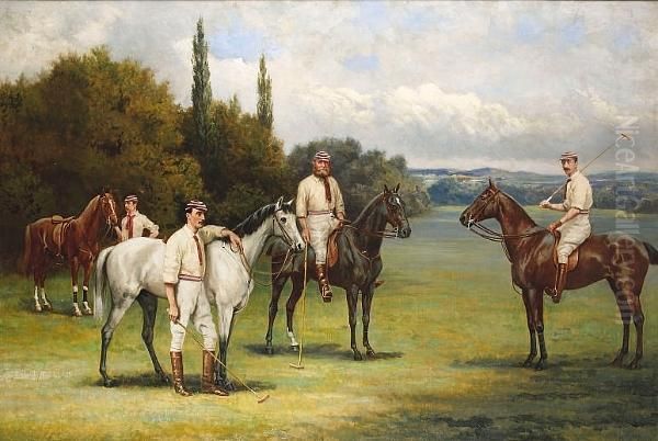 A Portrait Of The Earl Of Harrington, John Reid Walker And William Hall Walker With Their Horses Before A Polo Match Oil Painting by Henry Jamyn Brooks