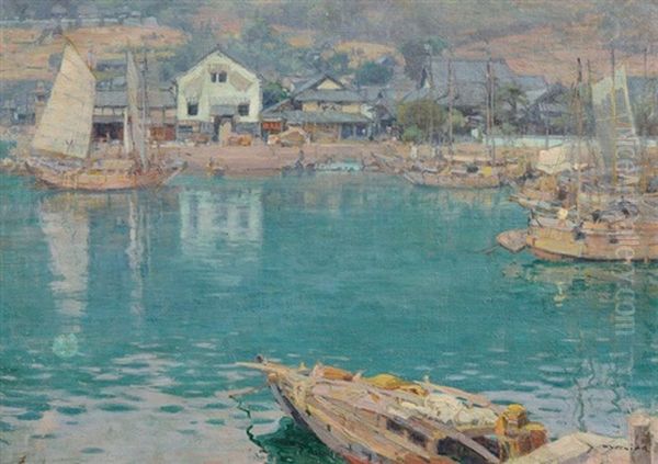 Ansicht Von Tomonotsu-hafen Oil Painting by Hiroshi Yoshida