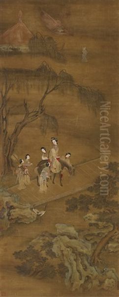 Palace Lady With Five Female Attendants Oil Painting by  You Qiu