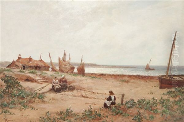 Untitled (women Mending Nets) Oil Painting by Alexander Young