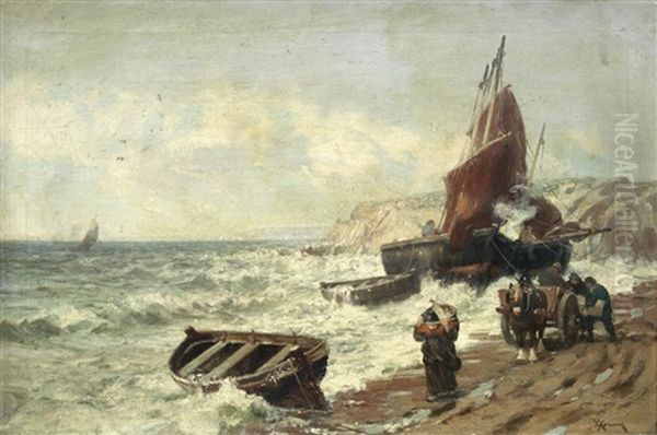 Pittenweem Harbour, Fifeshire; Fisherfolk On The Shore, A Pair Oil Painting by Alexander Young