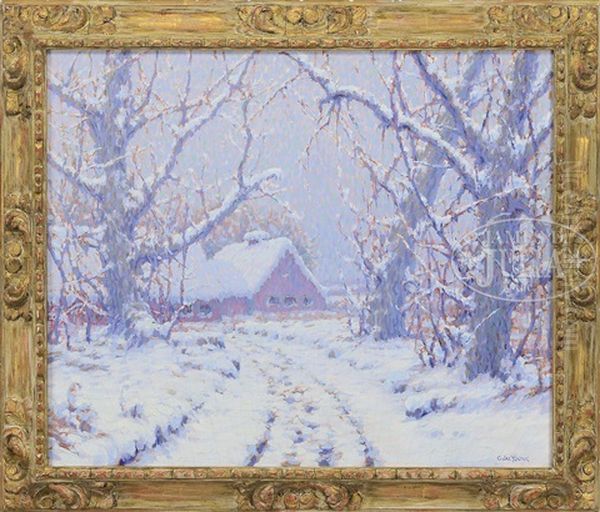 Homestead In Winter Landscape Oil Painting by Charles Jac Young