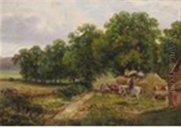 Pastoral Scene With Farm Hands Unloading Hay In A Farmyard Oil Painting by Edwin Young