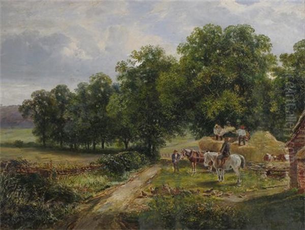 Pastoral Scene With Rustics Unloading Hay Oil Painting by Edwin Young