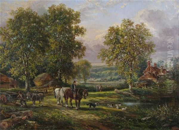 A Pastoral Scene With Cart Horses By A Pond Oil Painting by Edwin Young