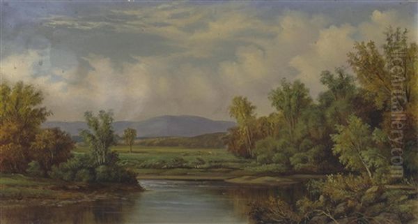 Bend In The River; Fishing Along A Stream (a Pair) Oil Painting by Harvey Otis Young