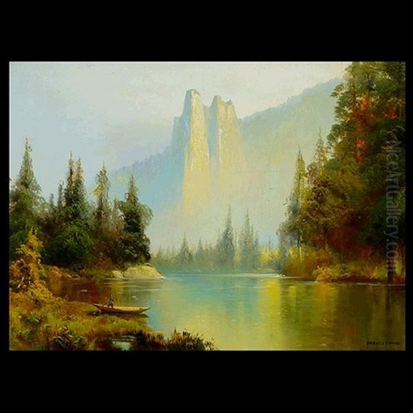 Sentinel Rock From The Merced River, Yosemite Valley Oil Painting by Harvey Otis Young