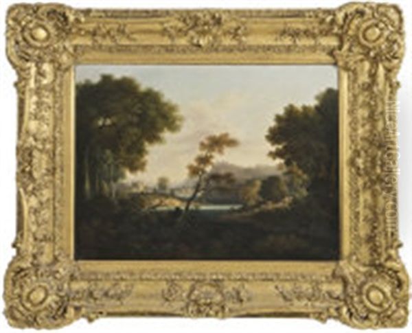 A Wooded River Landscape With Cattle And Drover Crossing, Fishermen In The Foreground, And With Castle Ruins In The Background Oil Painting by John Tobias Young