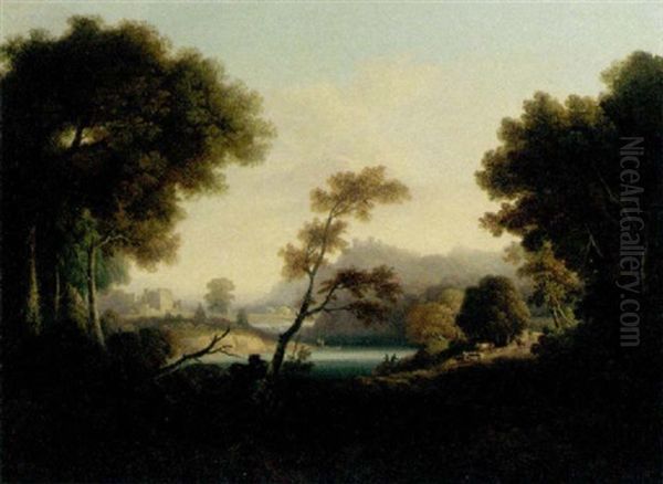 A Drover With Cattle In A Wooded River Landscape, A Ruined Castle Beyond Oil Painting by John Tobias Young