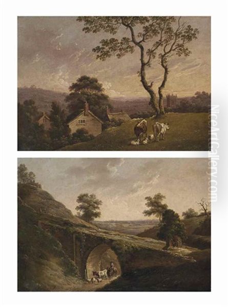 A Landscape With Cattle And Sheep; And A Landscape With A Drover And His Herd Under A Bridge Oil Painting by Tobias Young