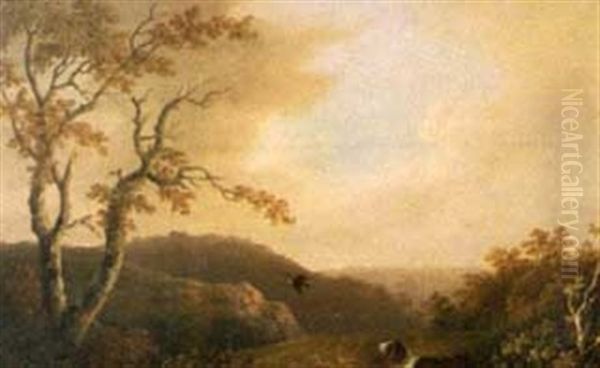 Spaniel And A Woodcock In A Landscape Oil Painting by Tobias Young