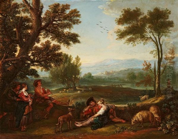 Landscape With Shepherds And A Courtship Scene by Jan Thomas Van Yperen