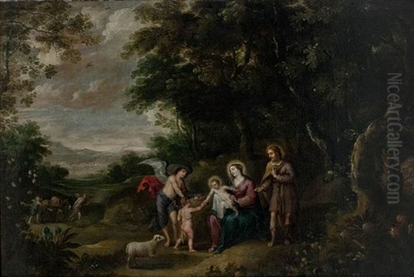 Resting Holy Family During The Flight To Egypt With Baby John The Baptist And Angel Oil Painting by Jan Thomas Van Yperen