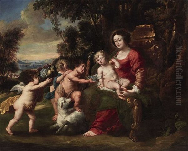 The Virgin With Child, The Infant John The Baptist And Putti Oil Painting by Jan Thomas Van Yperen