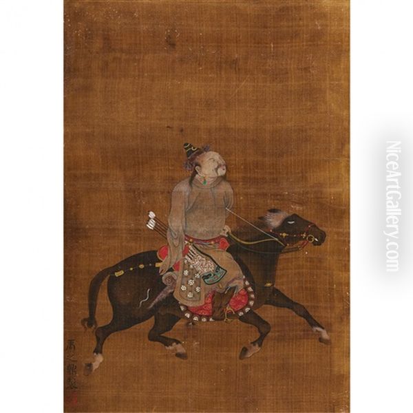 A Chinese Painting Of Man On Horse Oil Painting by  Yu Zhiding