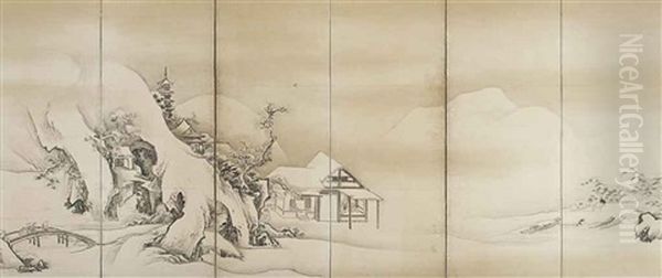 Chinese Landscape In Snow (in 6 Parts) Oil Painting by  Yusetsu