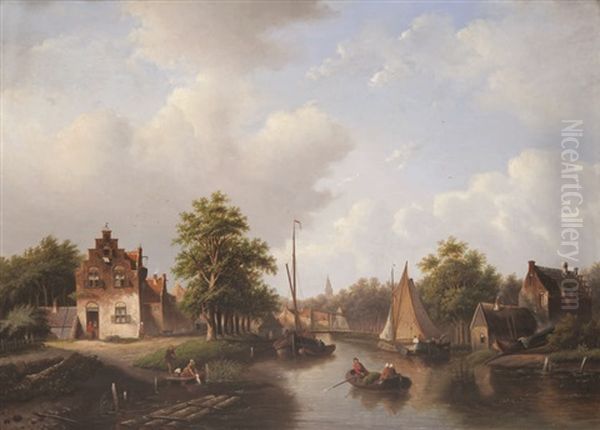 Paysage Aquatique En Hollande Avec Maisons Au Bord De L'eau Et Figures Dans Une Chaloupe Oil Painting by Hester Adriana Cornelia Zaalberg