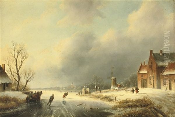 A Frozen Waterway With Skaters Oil Painting by Hester Adriana Cornelia Zaalberg