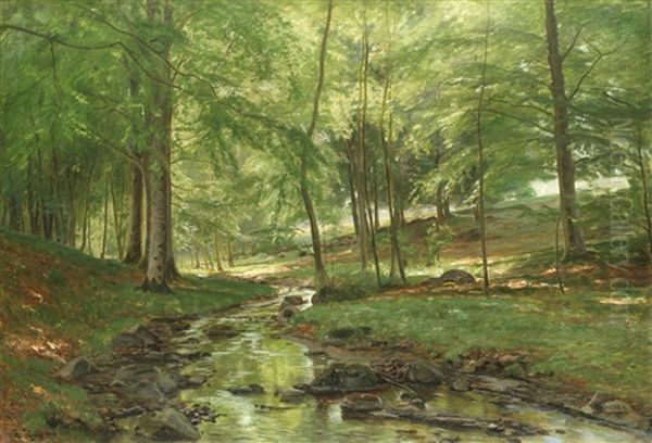 A Woodland Stream Oil Painting by Christian Peder Morch Zacho