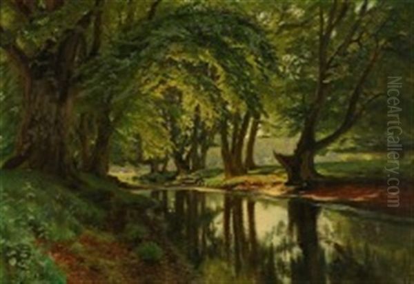 Forest View With A Stream, In The Distance Grazing Deer Oil Painting by Christian Peder Morch Zacho