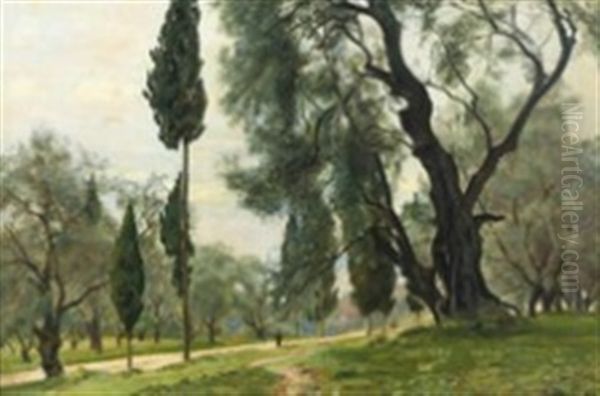 Scenery From A Park With Large Oak Trees Oil Painting by Christian Peder Morch Zacho