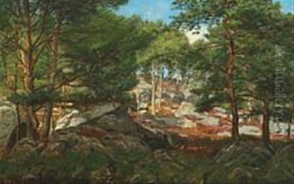 A Pinewood Forest With Larger And Smaller Boulders Oil Painting by Christian Peder Morch Zacho