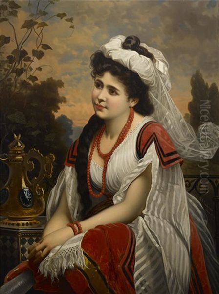 A Young Beauty In A Landscape Oil Painting by Marcel Johann von Zadorecki