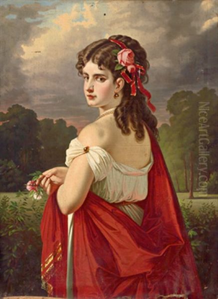 Madchen Mit Blumen (+ Madchen Mit Einem Krug Am Brunnen; 2 Works) Oil Painting by Marcel Johann von Zadorecki